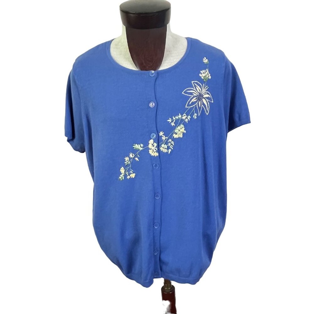 Emma James Womens‎ Periwinkle Blue Button Down Cardigan Embroidered Flowers Sz 1